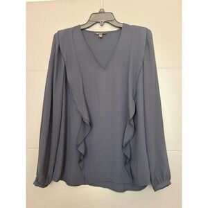 Banana Republic Navy Blue Ruffle V Neck Long Sleeve Blouse Women's Size Small
